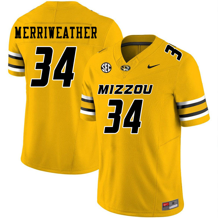 Men #34 Ricardo Merriweather Missouri Tigers College Football Jerseys Stitched-Gold